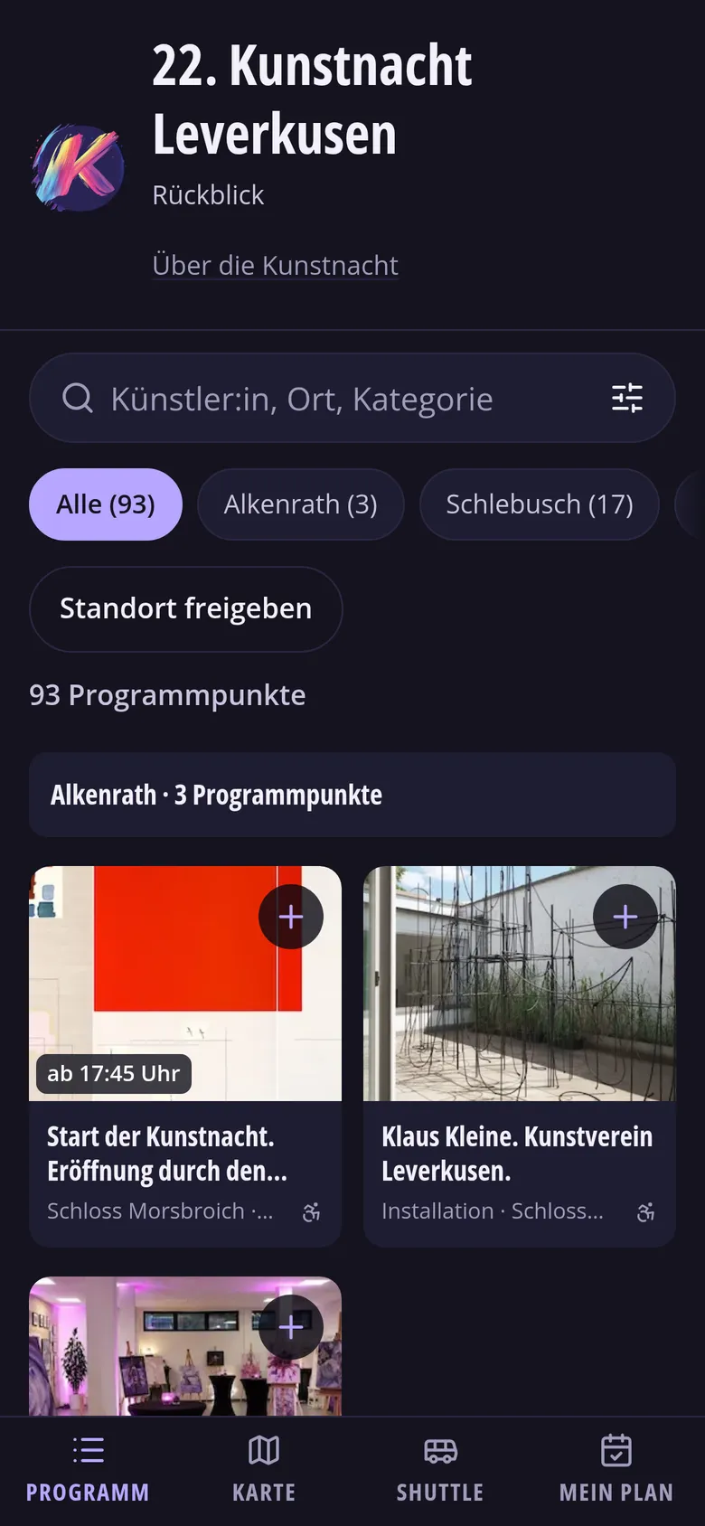 Kunstnacht-Navigator auf dem Smartphone: Programmübersicht mit Suche, Stadtteil-Filtern und ersten Programmpunkten